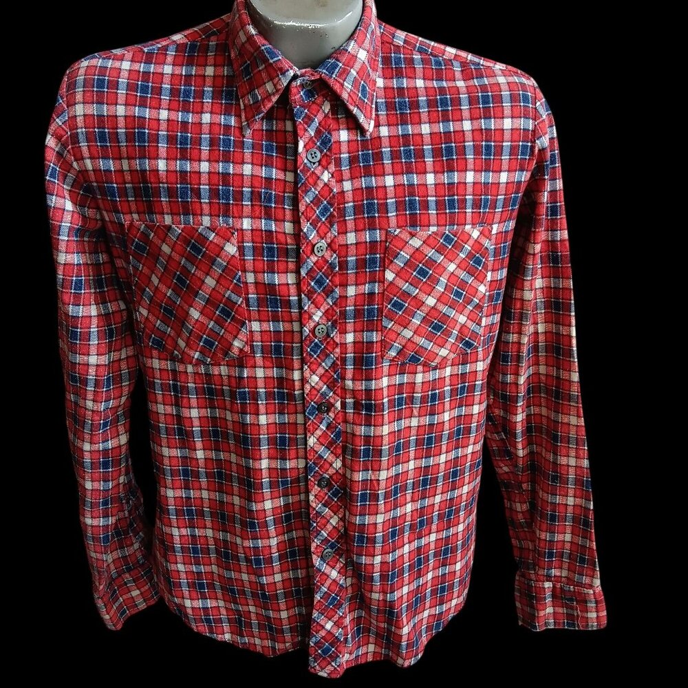 Men's Medium Vintage Shirt Flannel Skater Calvin Charles Red & Blue Plaid 1980's